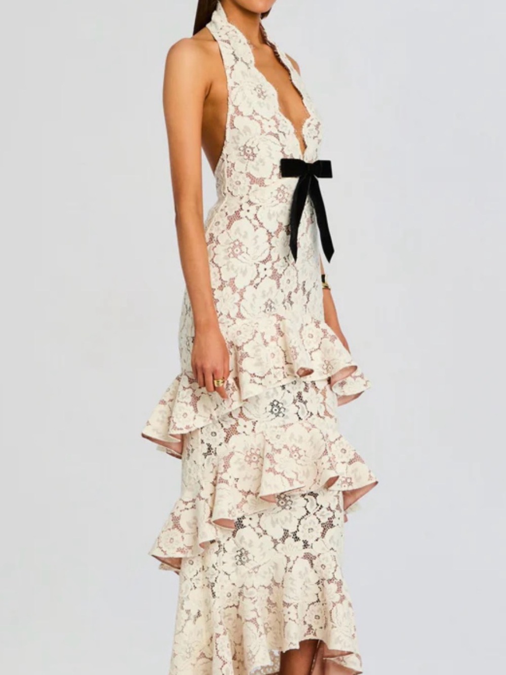 Retrofete Senara Cream Lace Halter Maxi Dress with Black Bow - Picture 2 of 4